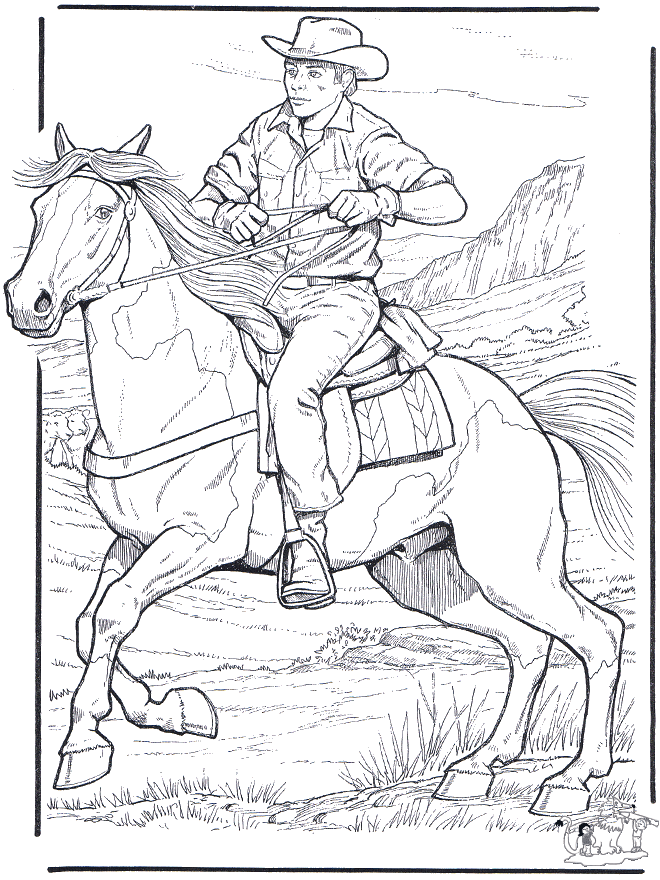 realistic horse coloring pages. young man riding horse -