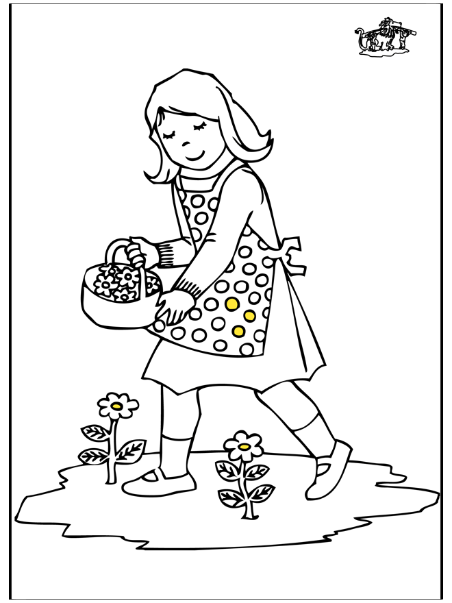 Girl with flowers - Children coloring page