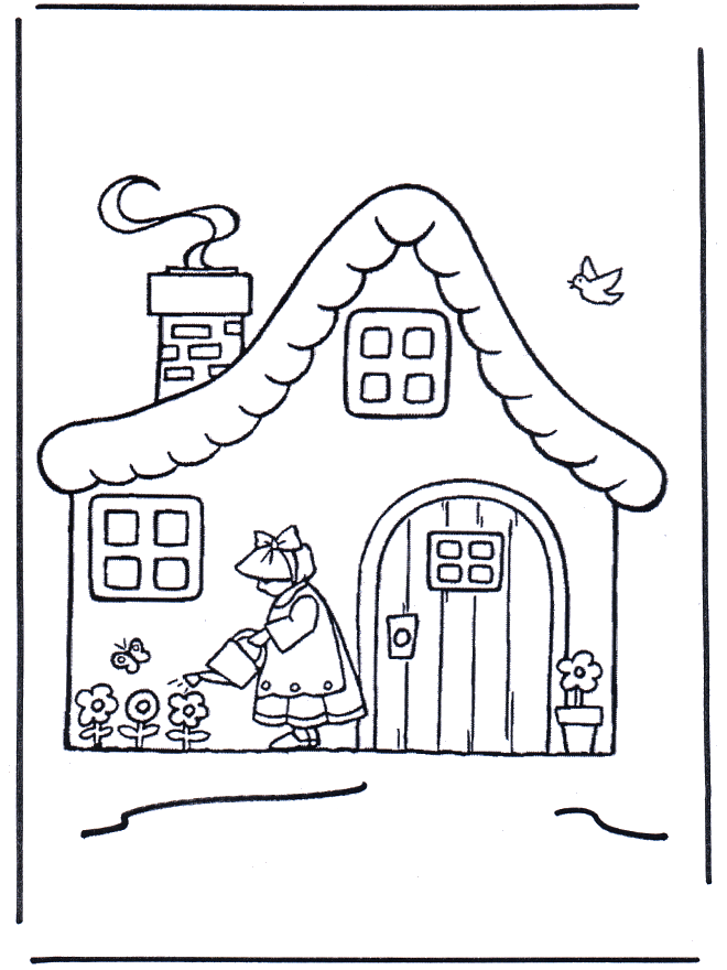 House with flowers - Children coloring page