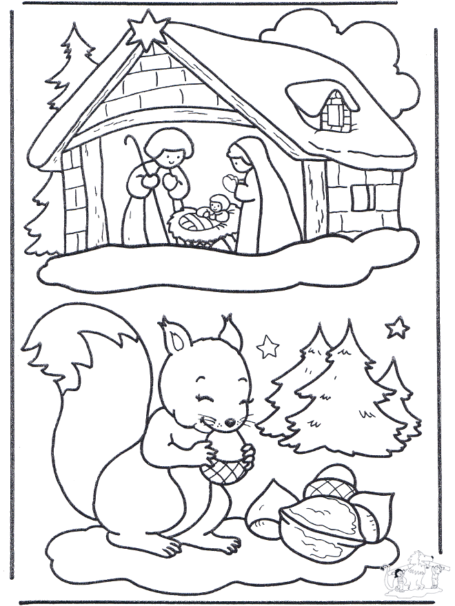 Squirrel and manger - Coloring pages Christmas